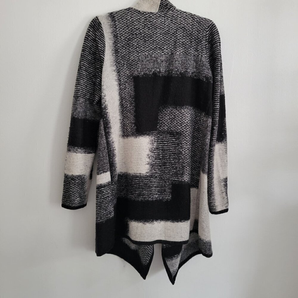 Cozy Draped Open Front Waterfall Black White Color Block Cardigan Women Size M - Picture 14 of 15